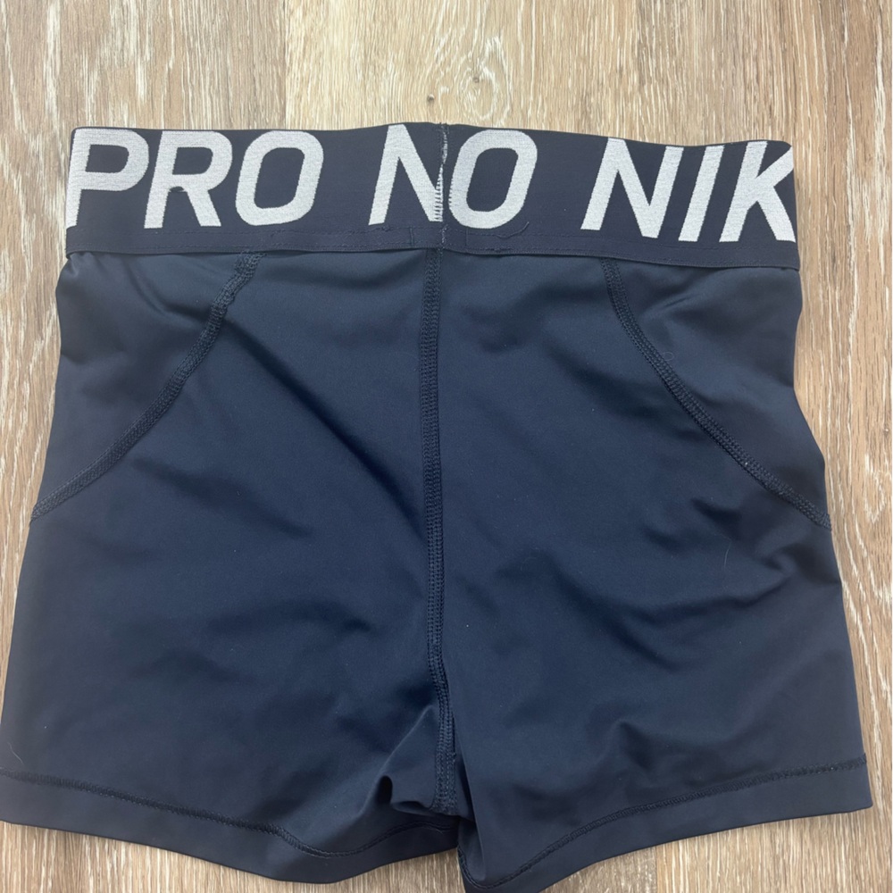 Nike Woman’s Navy Pro Compression Shorts with White Logo - Picture 2 of 3